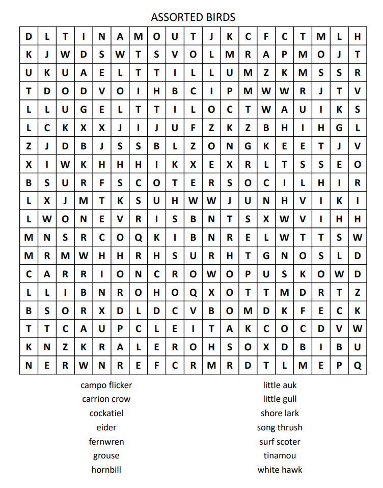 Assorted Bird Word Searches To Print Learn About Birds